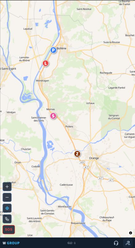 Four cars as coloured dots strung down the A7 motorway between Bollène and Orange.